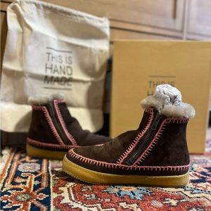 LAIDBACK LONDON Setsu Crochet Boots Brown Suede & Pink, Size 37 ( US 6.5) NWT